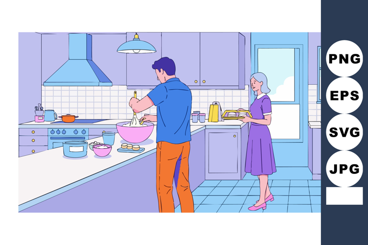 Man and woman cooking together in modern kitchen preparing m