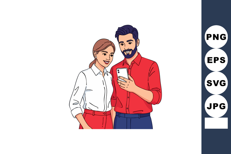 Couple looking at smartphone screen together smiling casual