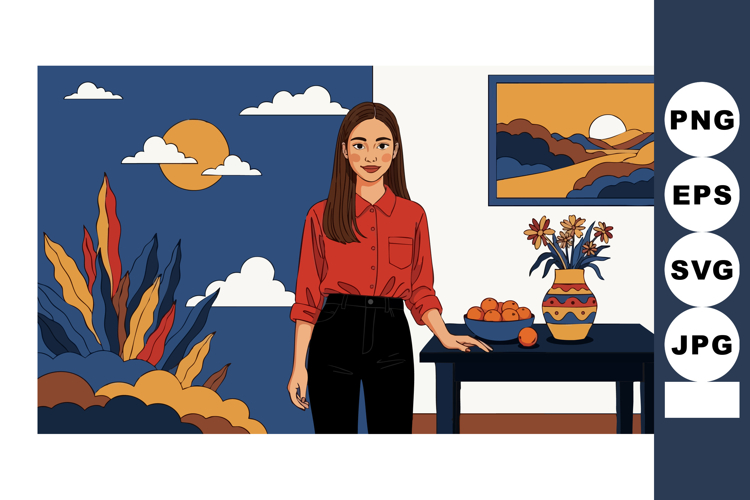 Woman standing indoors near table with flowers and fruit mod