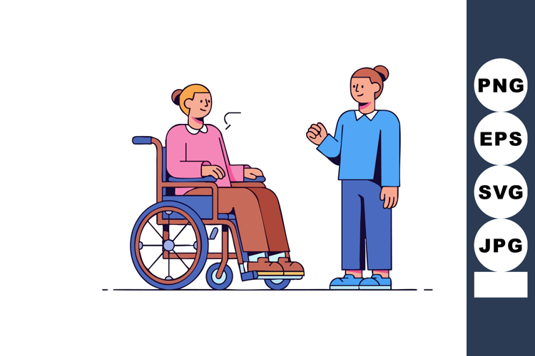 Disabled woman in wheelchair talking to standing woman frien