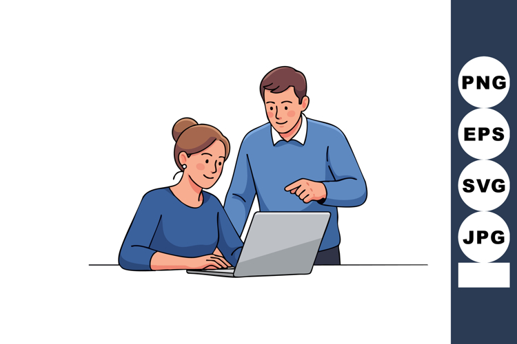 Man helping woman with laptop in office teamwork and collabo