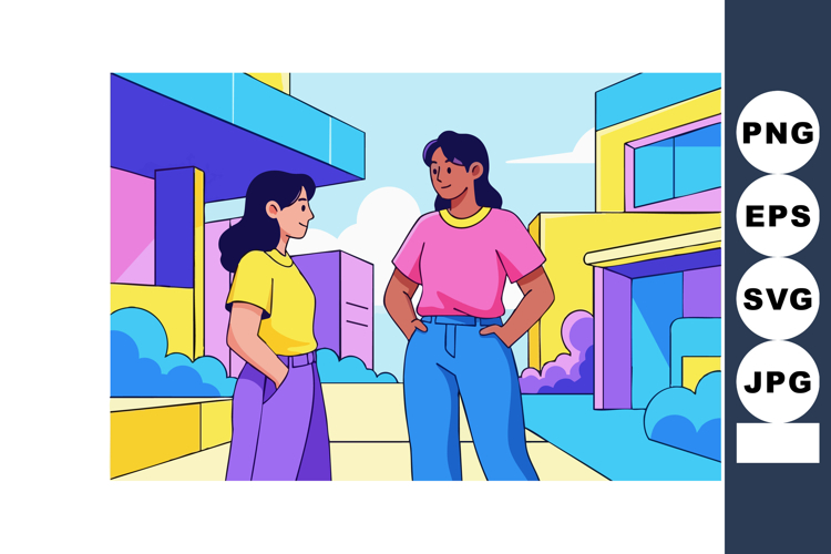 Two young women chatting outdoors in colorful urban setting