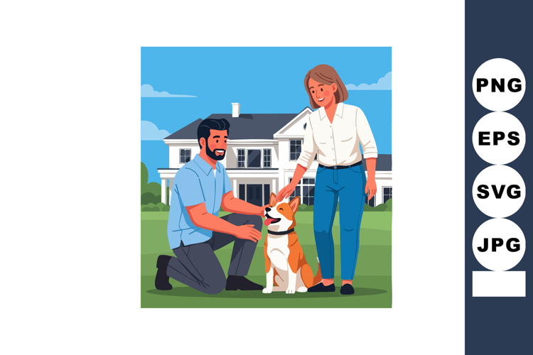 Man and Woman with Dog in Front of House Outdoor Scene Vecto