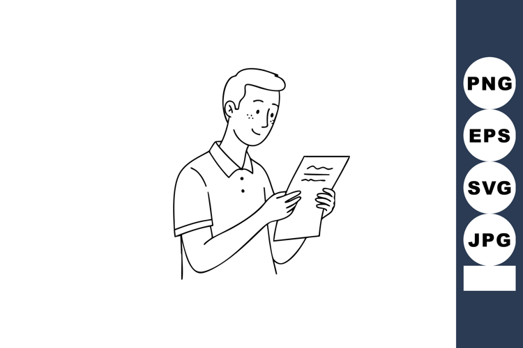 Young man reading paper document with focused expression vec