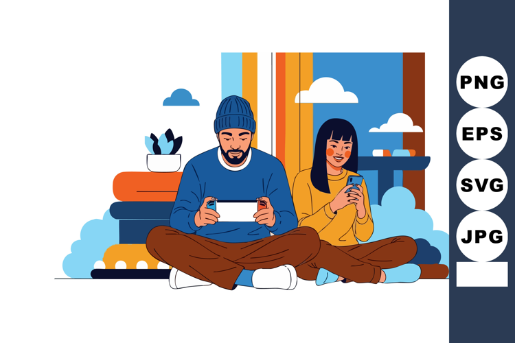 Man and Woman Sitting Together Using Smartphones in Cozy Ind