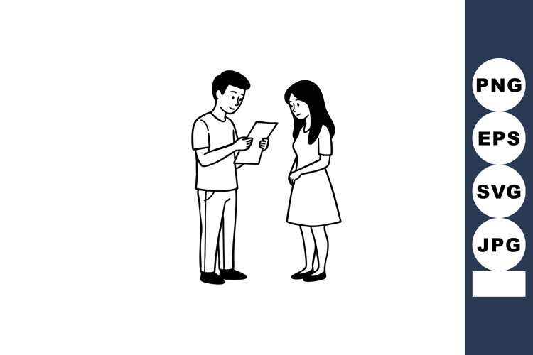Young man and woman reading letter together simple black and example image 1