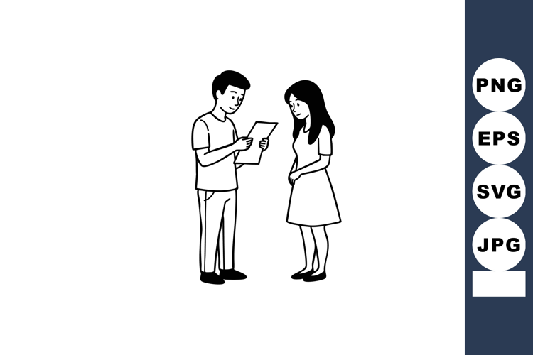 Young man and woman reading letter together simple black and