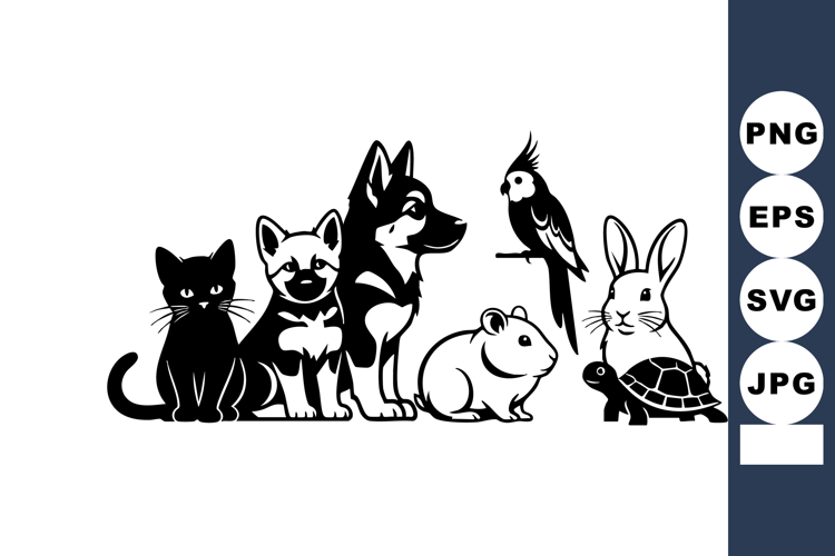 Black White Vector Illustration Six Pets
