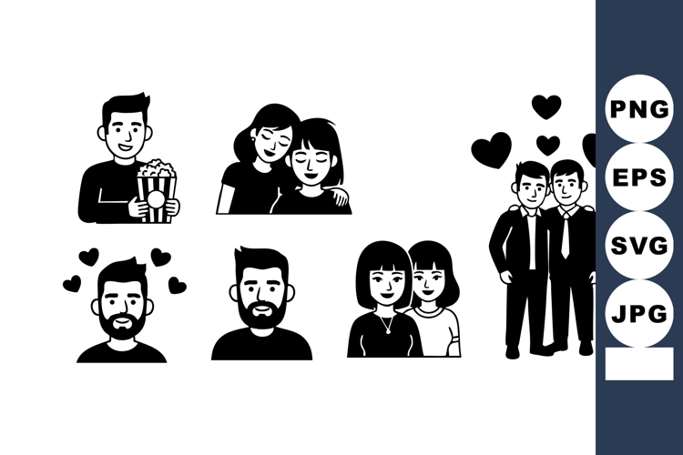 Diverse Couples Expressing Love Black White Vector
