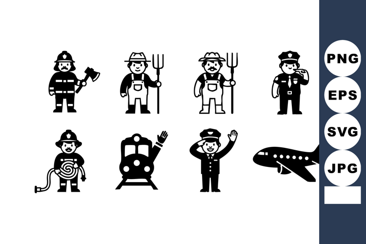 Firefighter Farmer Train Conductor Airplane Silhouettes