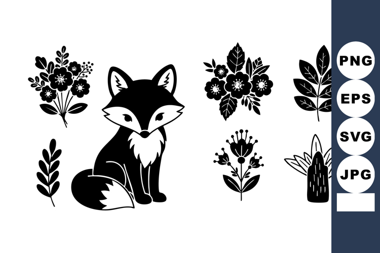 Cute Fox with Decorative Floral Elements Vector