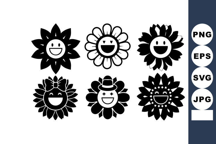 Smiling Sunflowers Black and White Vector Illustration
