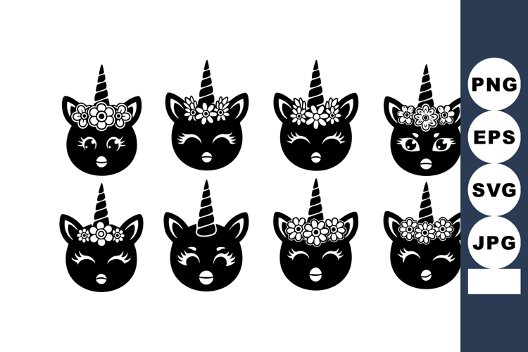 Cute Black Unicorn Cat Faces Vector Illustration