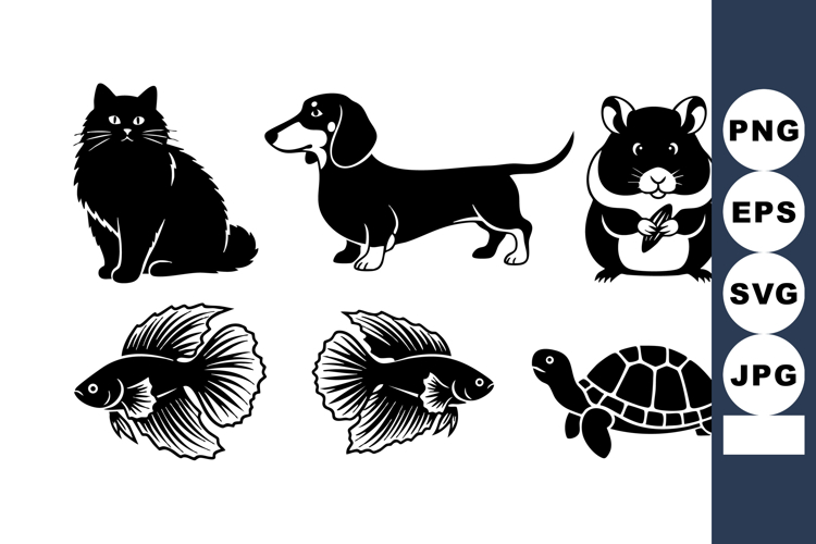 Black Silhouette Pets Cat Dog Hamster Fish Turtle Vector Ill