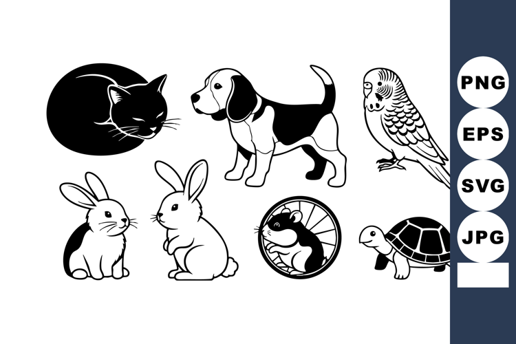 Black White Pets Dogs Cats Rabbits Turtles Birds Vector Illu
