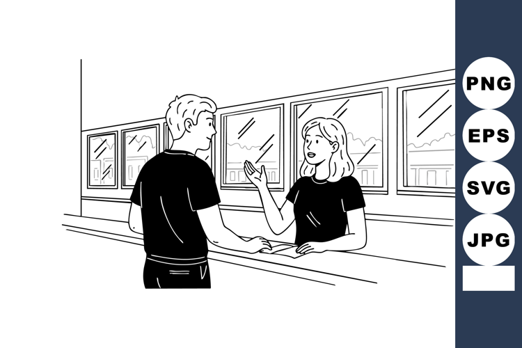 Young man and woman talking across counter in casual convers