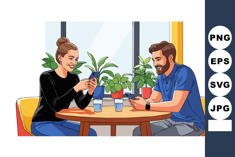 Young couple enjoying coffee and using smartphones at cozy c