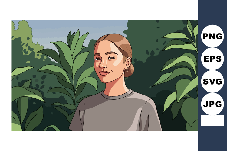 Young woman portrait with green leafy plants natural backgro