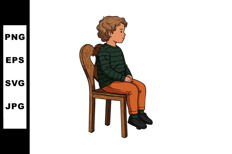 Child sitting on wooden chair with heart cutout detailed vec