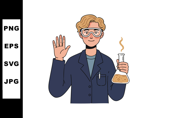 Young scientist holding steaming flask with raised hand in l