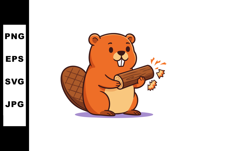 Cute beaver holding wooden log cartoon vector illustration w
