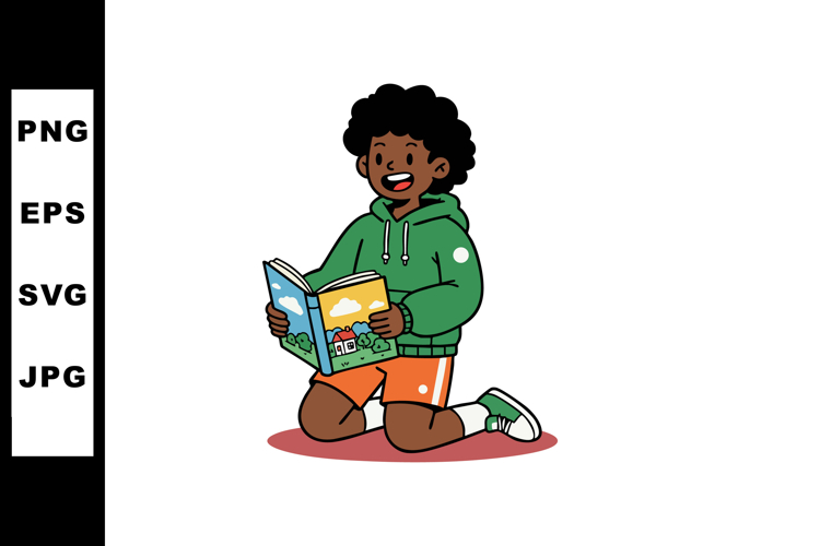 Child Reading Book Sitting on Knees Wearing Green Hoodie and