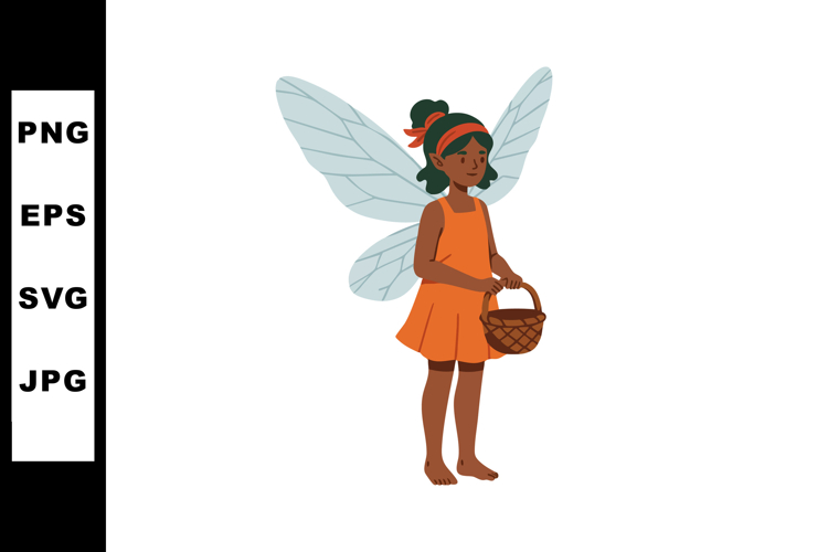 Young fairy girl with wings holding basket in orange dress v