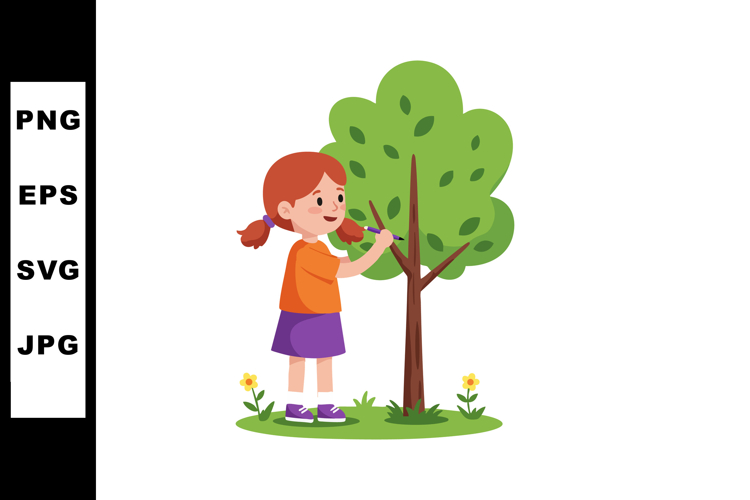 Girl painting tree outdoors in spring nature scene with flow
