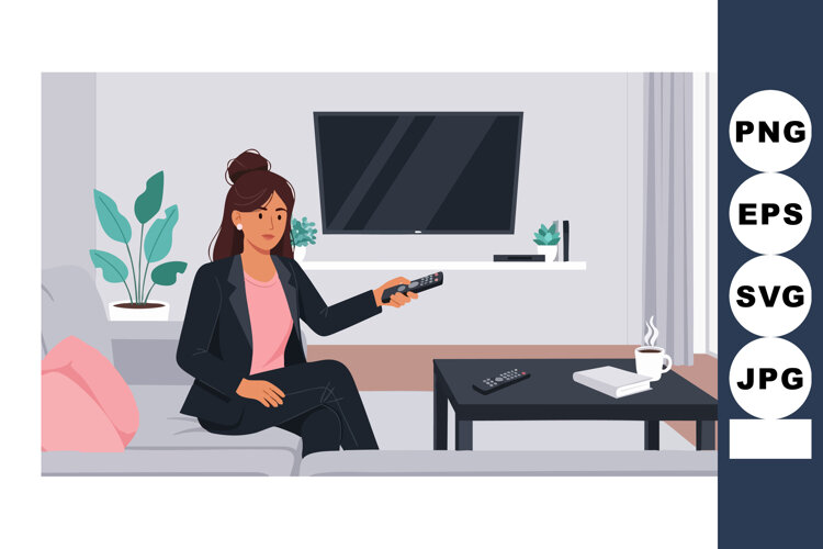 Woman sitting on sofa watching television holding remote con example image 1