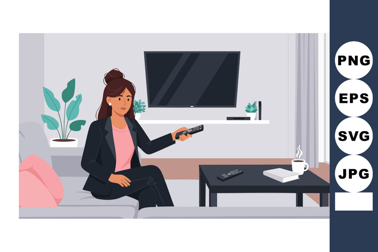Woman sitting on sofa watching television holding remote con