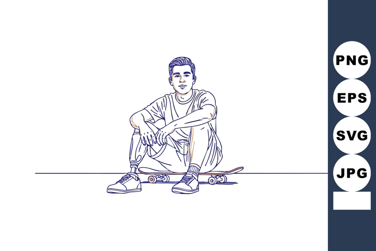 Young man sitting on skateboard relaxing casual posture line