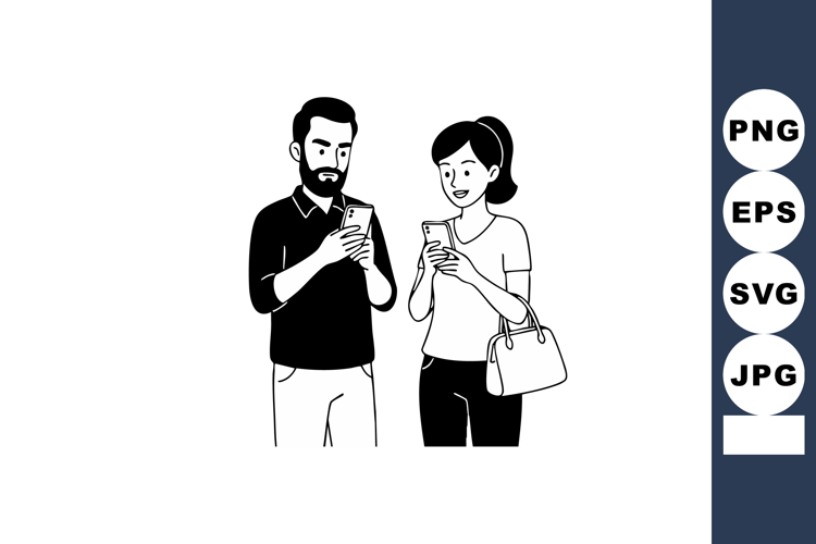Man and Woman Using Smartphones Together Casual Communicatio