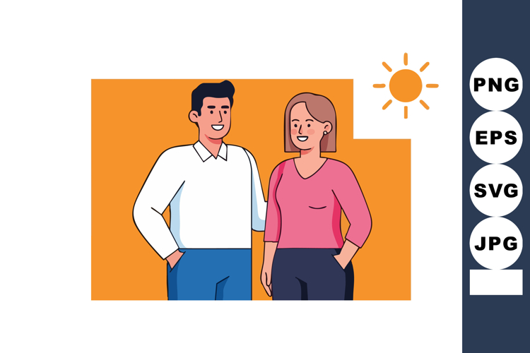 Young man and woman standing together smiling casual clothin
