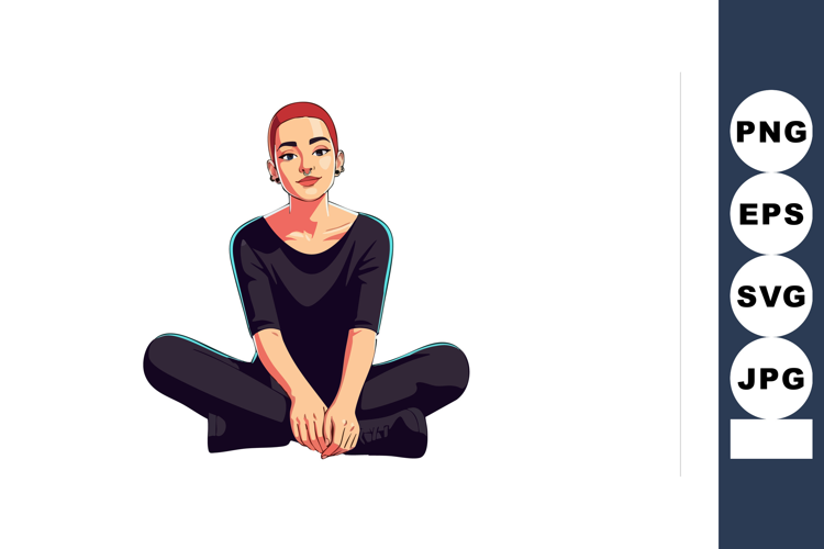 Young woman sitting cross legged in casual pose with red hai
