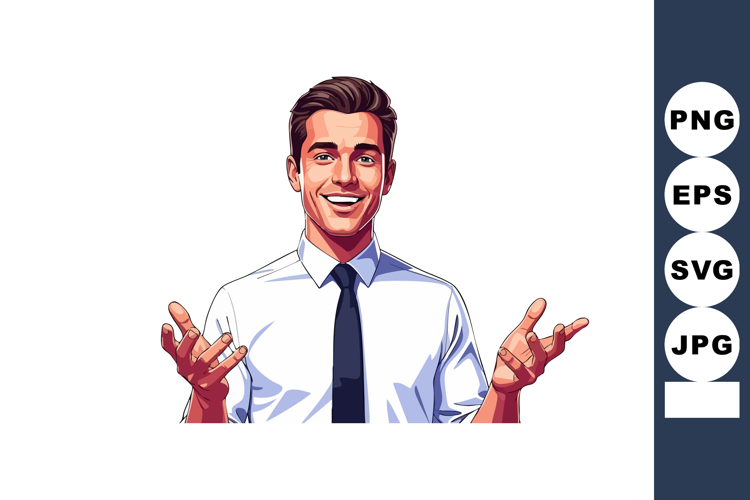 Smiling businessman in white shirt and black tie welcoming g