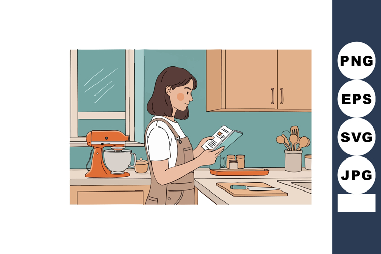 Woman reading recipe in modern kitchen with orange mixer and