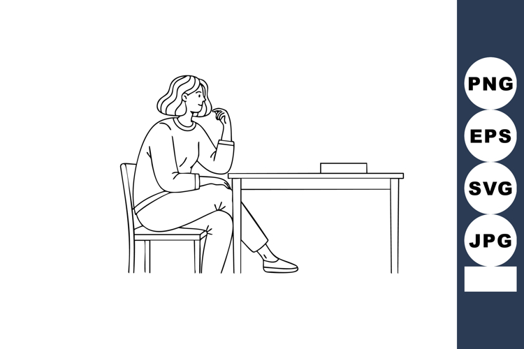 Woman Sitting at Desk Thinking Vector Illustration in Minima