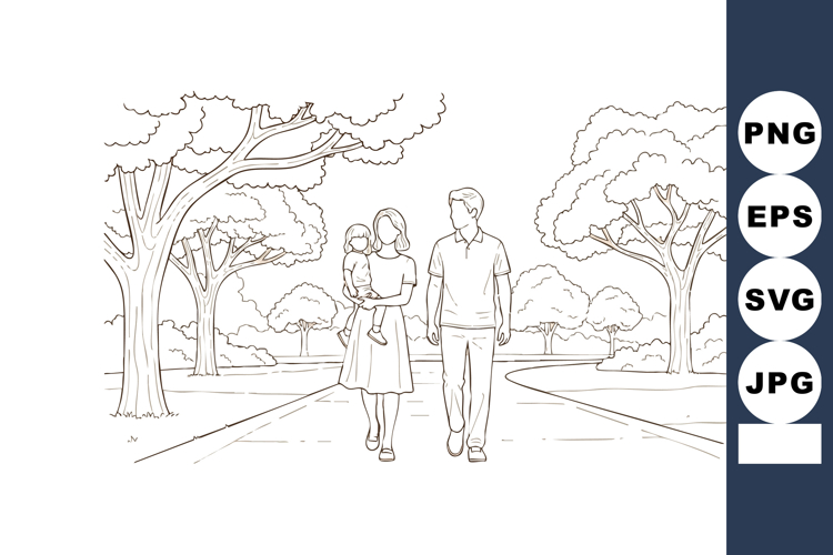 Family walking together in park landscape line art vector il