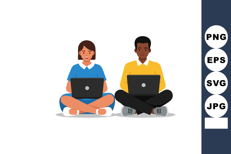 Young man and woman sitting cross-legged using laptops on wh