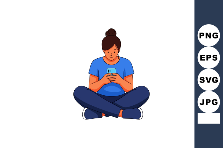 Woman sitting cross-legged using smartphone in casual blue o