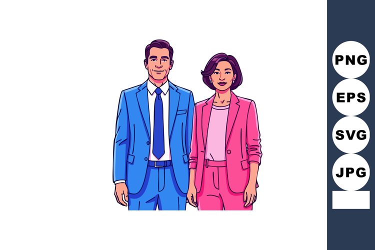 Businessman and Businesswoman in Blue and Pink Suits Standin