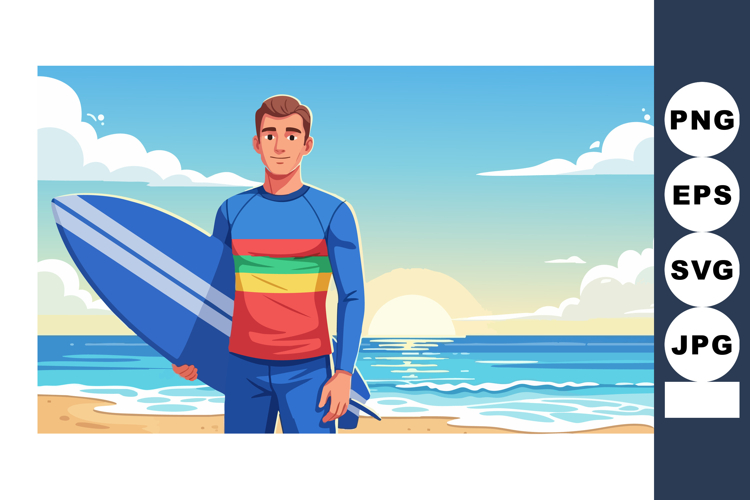 Surfer holding blue surfboard on beach during sunset with co