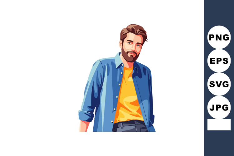 Young man with beard wearing blue shirt and orange t-shirt c