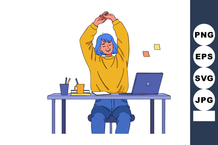 Young woman stretching at desk with laptop and coffee in blu example image 1