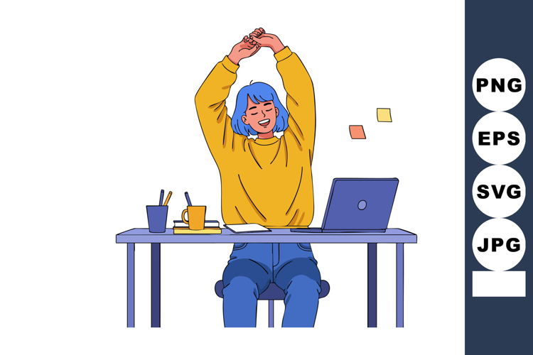 Young woman stretching at desk with laptop and coffee in blu