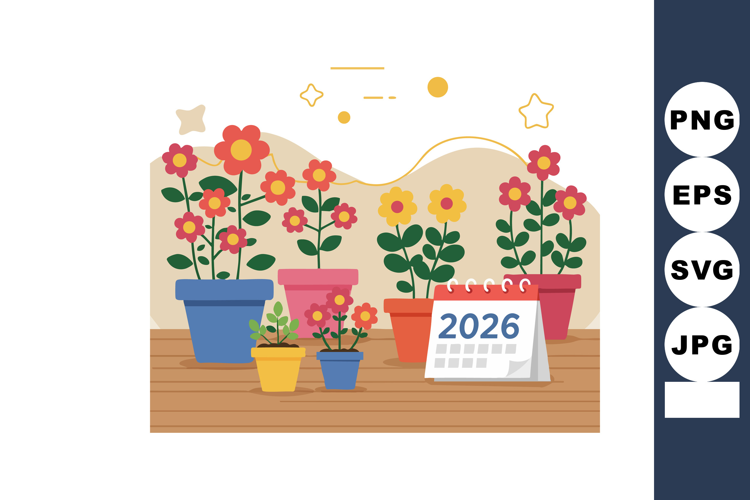 Colorful potted flowers with 2026 calendar on wooden table v