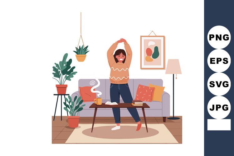 Woman Stretching Happily in Cozy Living Room with Plants and