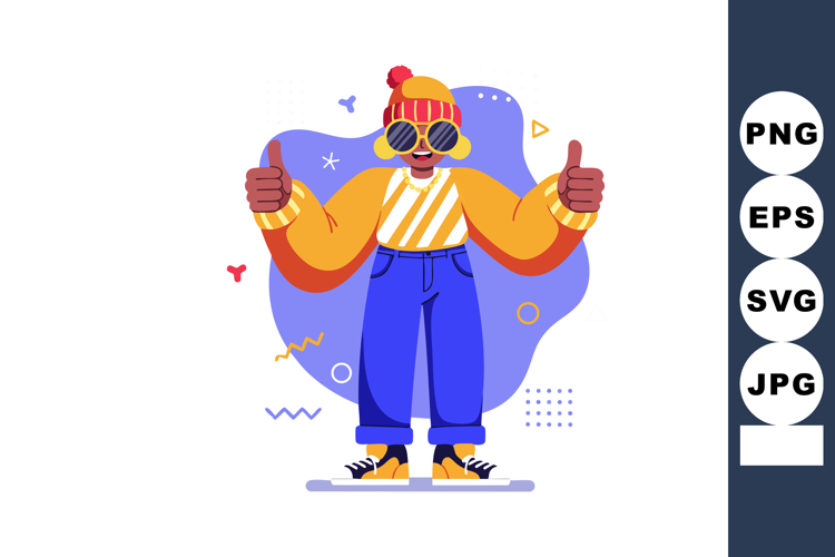 Person wearing yellow sweater and blue pants showing thumbs