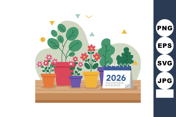 Potted plants with colorful flowers and 2026 desk calendar o