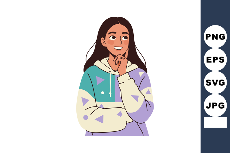 Young woman in colorful hoodie thinking and smiling casual l
